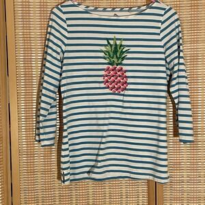Tommy Bahama Womens S Embroidered Pineapple Striped 3/4 Sleeve‎ Shirt Blue White